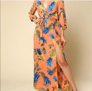 TIMING Coral Pineapple Print 3/4 Sleeve Maxi Dress